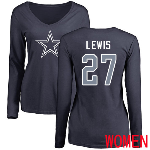 Women Dallas Cowboys Navy Blue Jourdan Lewis Name and Number Logo Slim Fit #27 Long Sleeve Nike NFL T Shirt